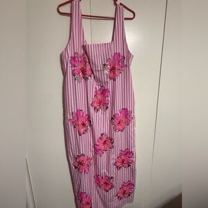 QUEEN OF SPARKLES Pink and White Floral Sequin Midi Dress